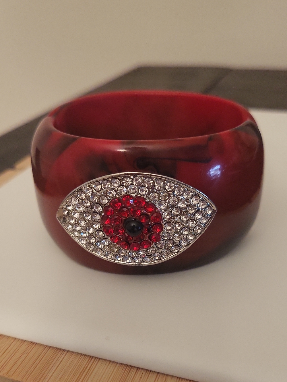 Vintage Lucite Hinged Rhinestone Evil Eye Bangle Bracelet